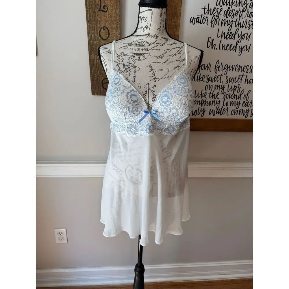 Linea Donatella Women's Nighty Babydoll Chemise White Blue Size XL